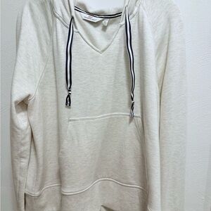Vineyard Vines Heathered Cream Pullover Hoodie with Navy Striped Drawcords